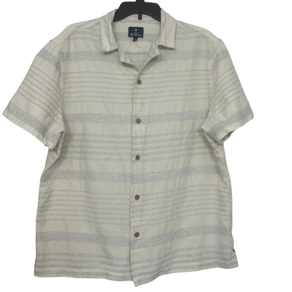 Ben Sherman Textured Stripe Button Up Shirt L Cream Mod Resort Short Sleeve